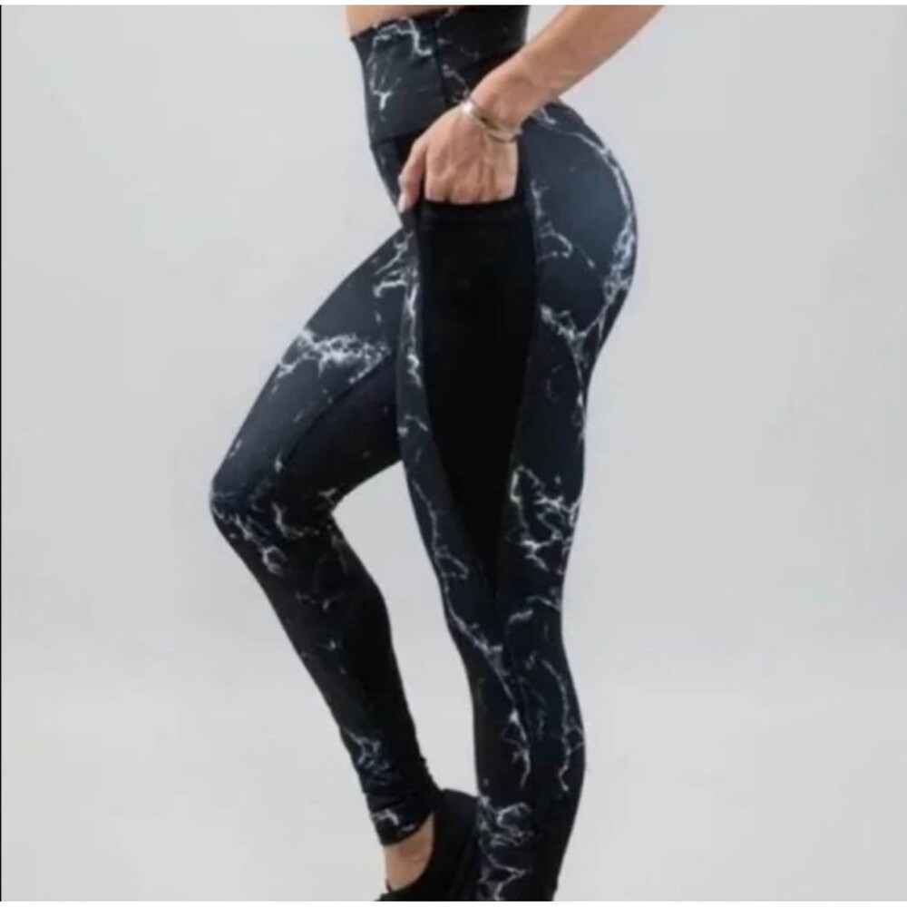 BuffBunny Collection Onyx Marble Limitless Leggings Black Side Pockets Small